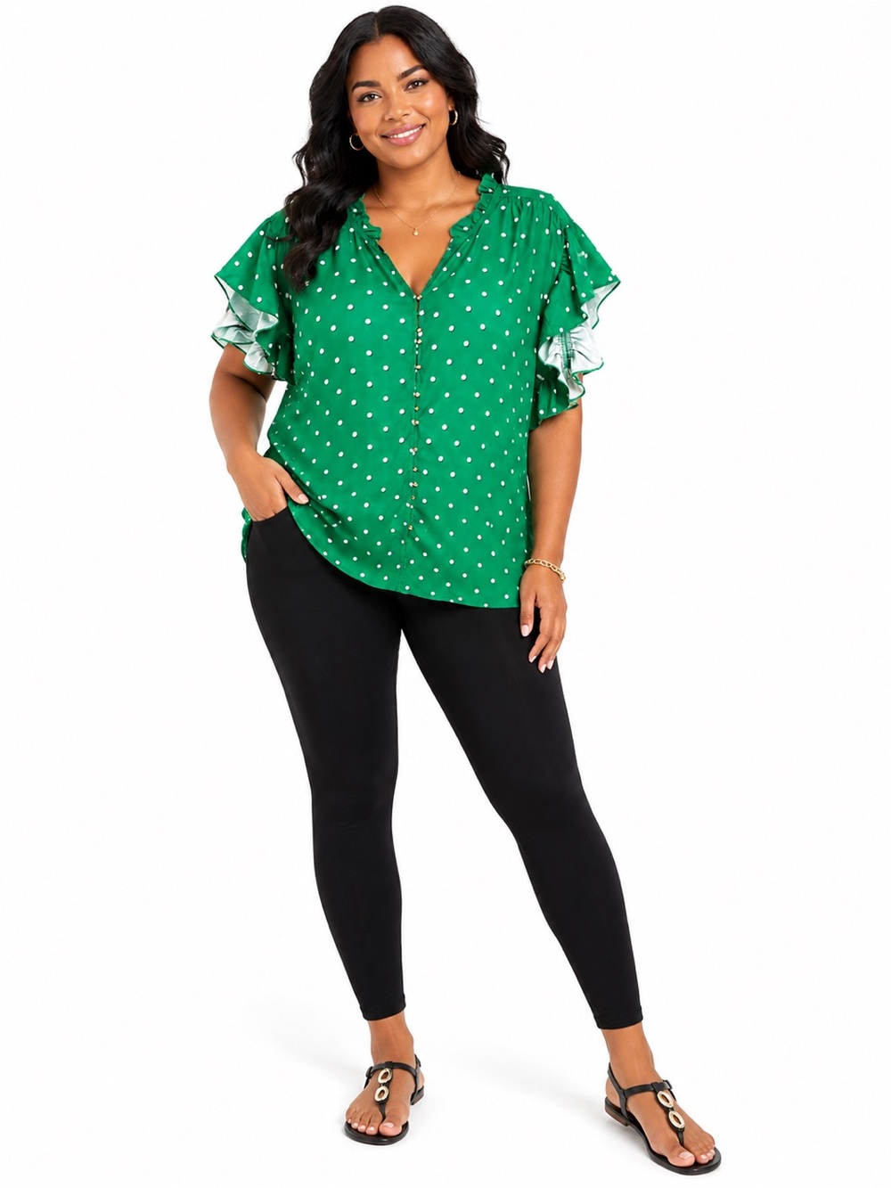 Green Polka Dot Ruffle Sleeve Blouse Approx 2X/3X Boho Cottagecore